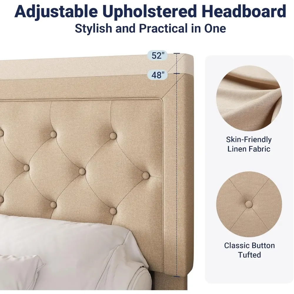 Allewie Queen Size Button Tufted/Fabric Upholstered Bed Frame with Adjustable Headboard/Wood Slat Support/Mattress Foundation/Be