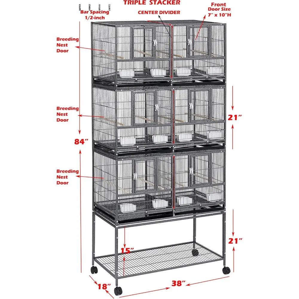 Single/Double/Triple Stackable Center Divided Breeder Breeding Bird Flight Double Rolling Cage for Aviaries Canaries Cockatiels