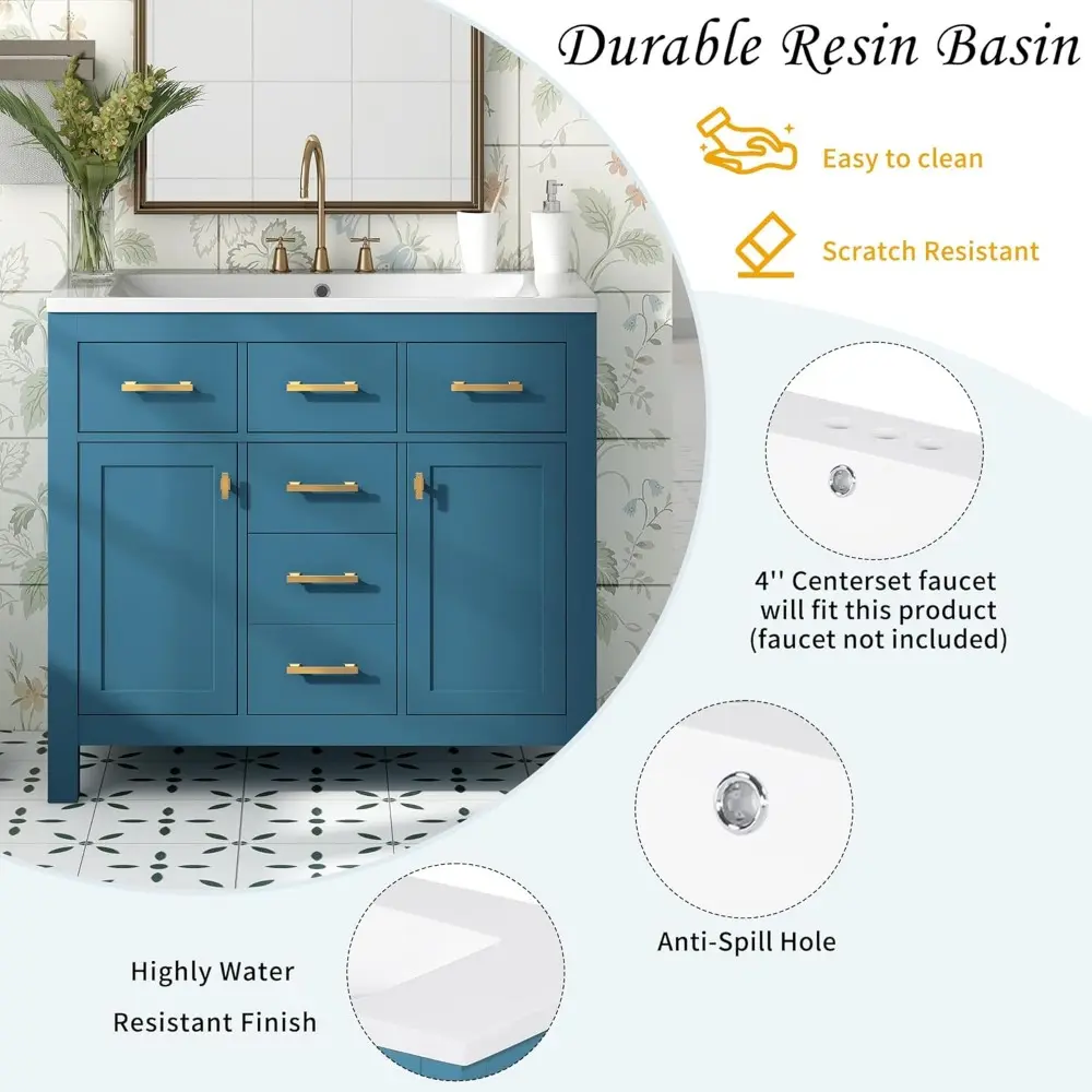 36" Bathroom Vanity with Sink, Freestanding Modern Bathroom Vanity Cabinet with Sink Top, 4 Drawers and 2 Storage Cabinets, Sol