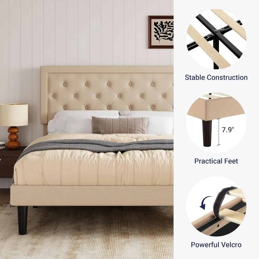 Allewie Queen Size Button Tufted/Fabric Upholstered Bed Frame with Adjustable Headboard/Wood Slat Support/Mattress Foundation/Be