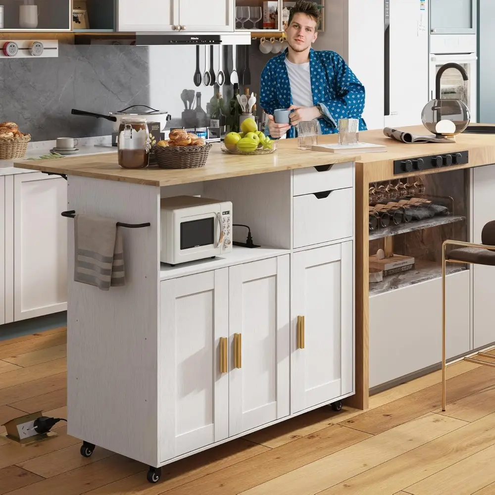 Rolling Mobile Kitchen Island Cart Bar with Drawer and Desktop Drop Leaf Countertop, Island Table Storage with 5 Wheels, Rolling