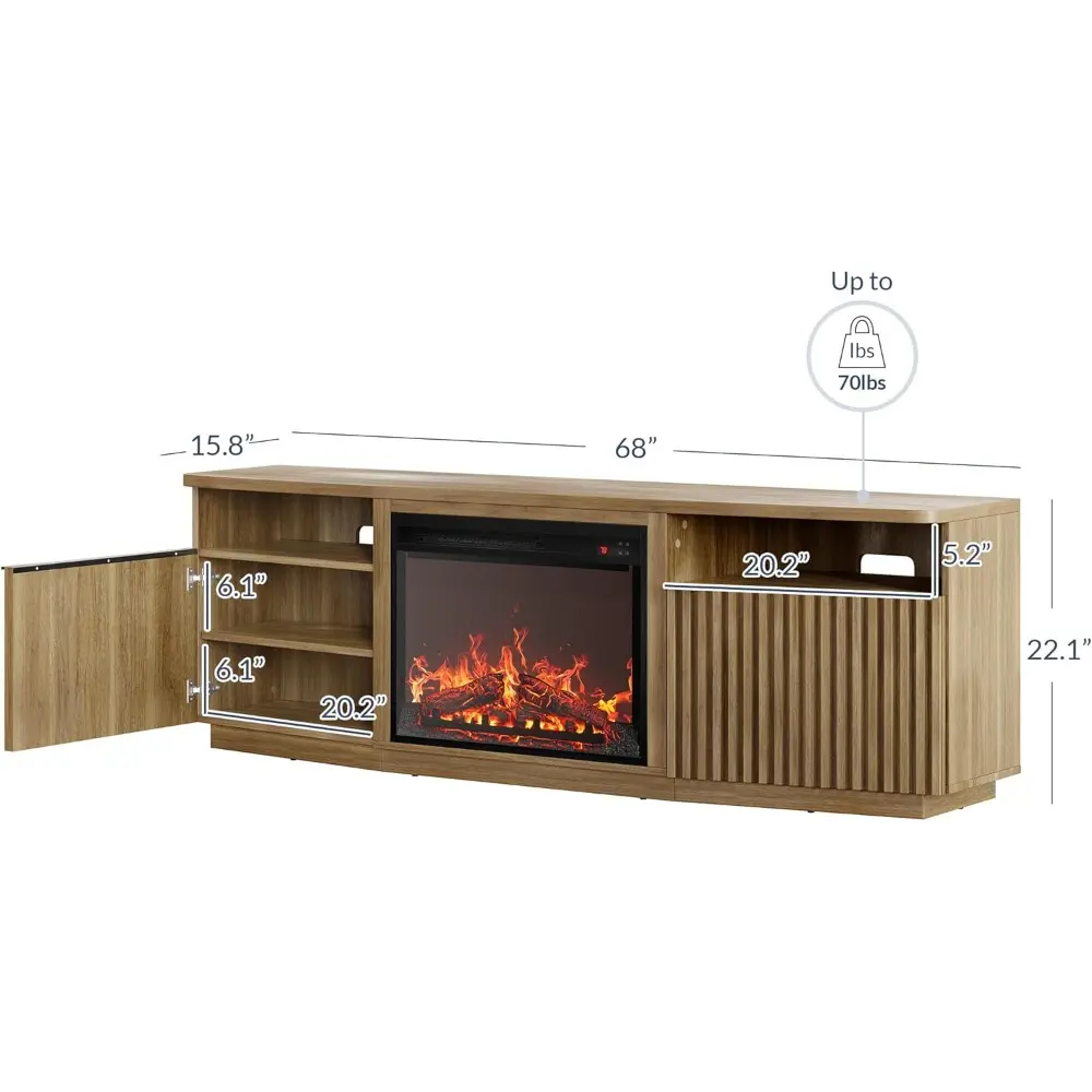 Fluted TV Stand with 23" Electric Fireplace Heater with Sound, 68" Entertainment Center for TV Up to 75", Media Console Table w