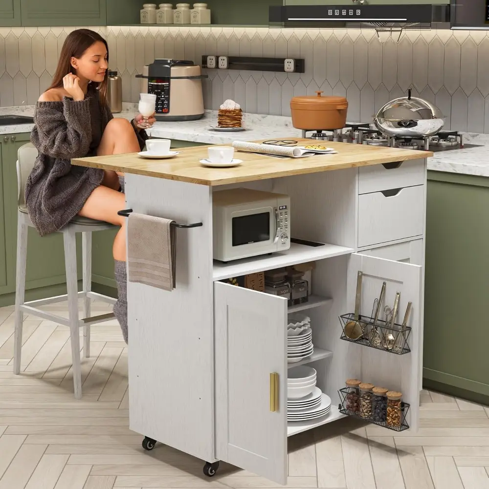 Rolling Mobile Kitchen Island Cart Bar with Drawer and Desktop Drop Leaf Countertop, Island Table Storage with 5 Wheels, Rolling