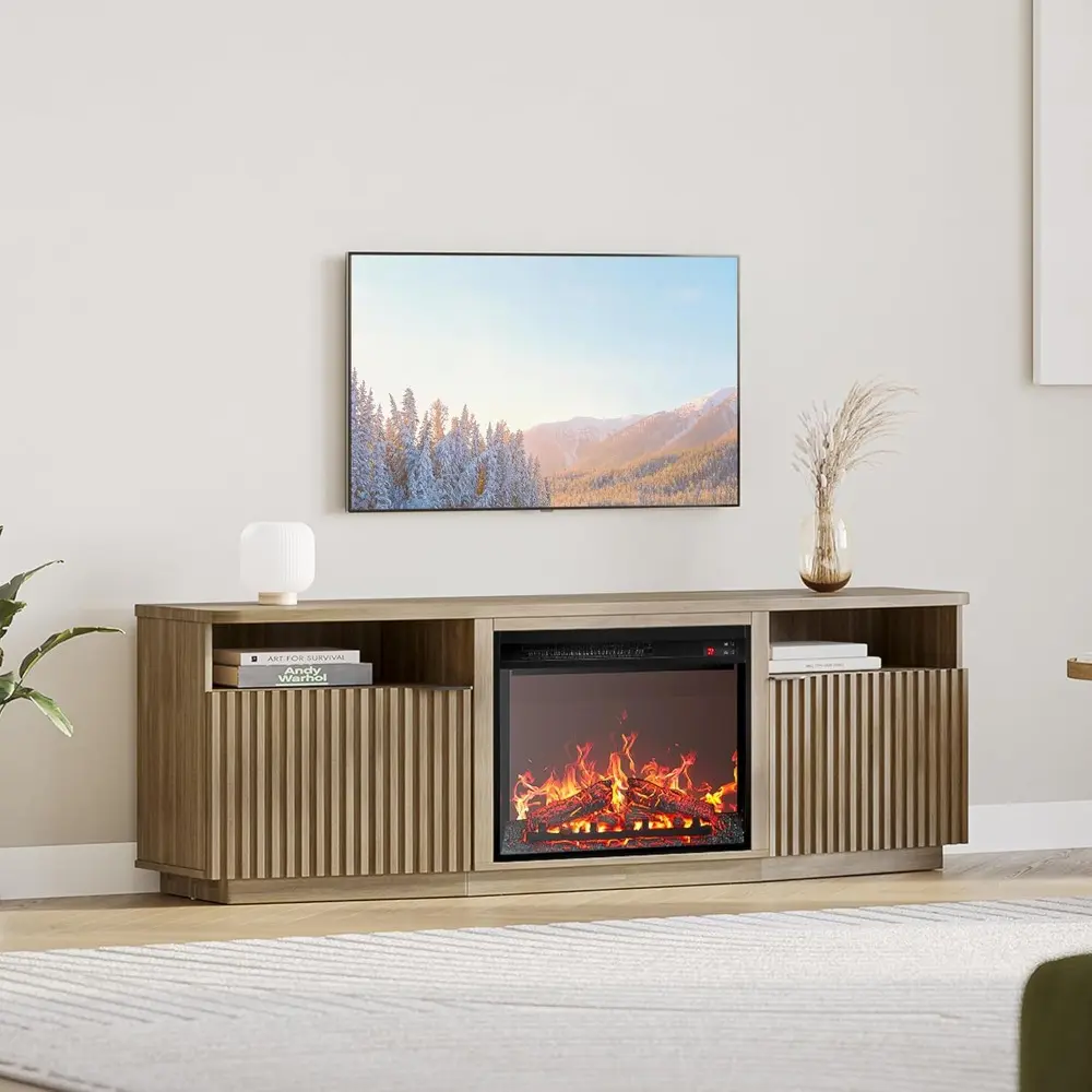 Fluted TV Stand with 23" Electric Fireplace Heater with Sound, 68" Entertainment Center for TV Up to 75", Media Console Table w