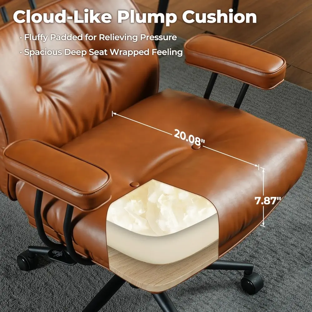 Ergonomic Home Office Chair, Mid-Century Modern Faux Leather Chairs with Thickened Cushions, Comfy High Back Swivel Rolling Exe