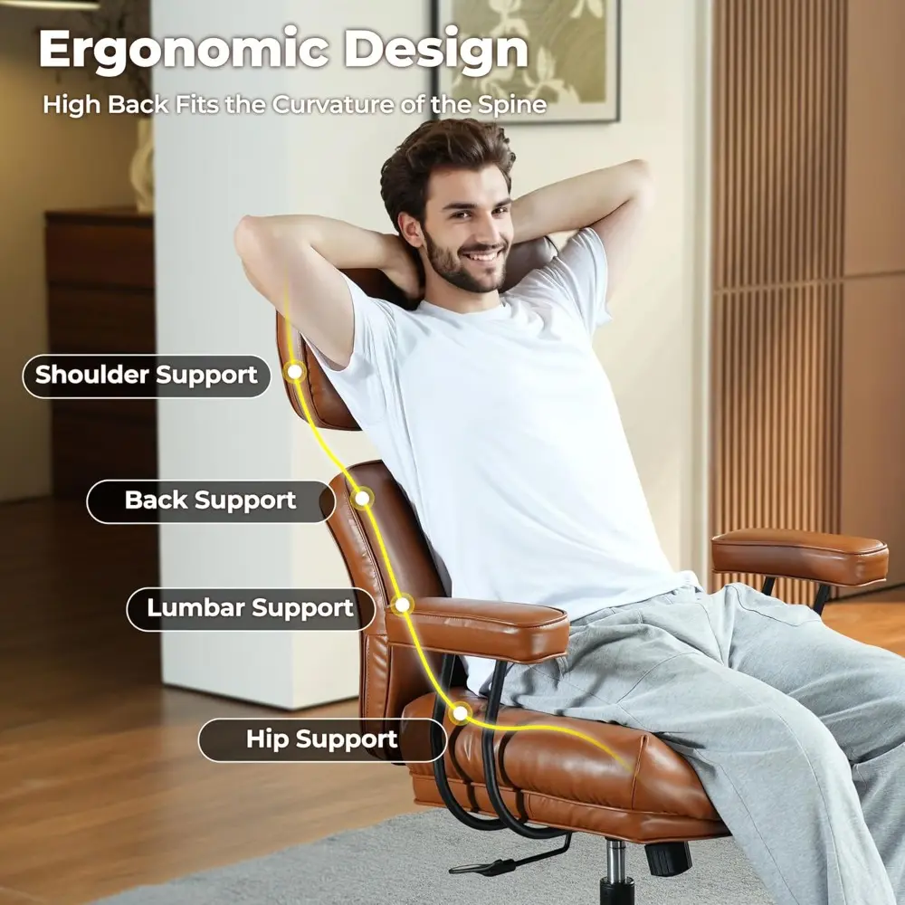 Ergonomic Home Office Chair, Mid-Century Modern Faux Leather Chairs with Thickened Cushions, Comfy High Back Swivel Rolling Exe