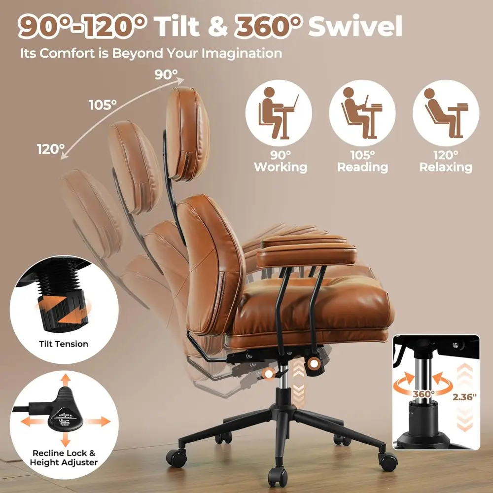 Ergonomic Home Office Chair, Mid-Century Modern Faux Leather Chairs with Thickened Cushions, Comfy High Back Swivel Rolling Exe