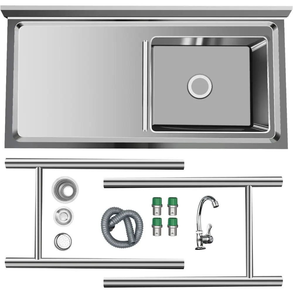 Free Standing Kitchen Sinks, Commercial Stainless Steel Single Bowl Sink Food Prep Table Restaurant Sink, Utility Washing Hand B