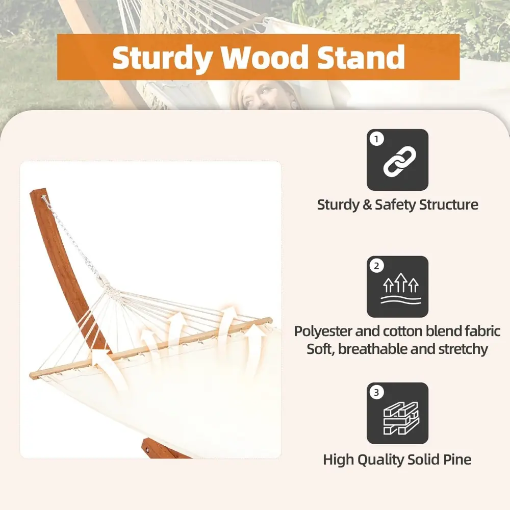 12 FT Hammock with Stand for Outside, Single Person Heavy Duty Wooden Hammock Stand, Large Hammock Bed for Porch, Patio, Balcon