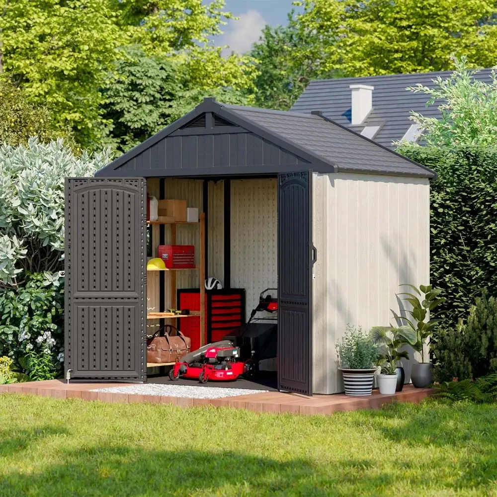 8x6 FT Outdoor Storage Shed, Plastic Shed Resin Garden Shed with Floor & Window & Lockable Door for Patio Furniture, Backyard T