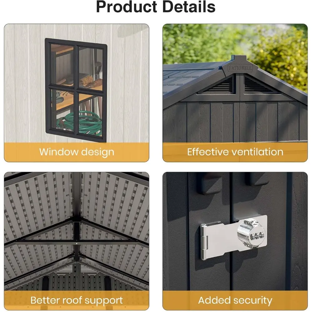 8x6 FT Outdoor Storage Shed, Plastic Shed Resin Garden Shed with Floor & Window & Lockable Door for Patio Furniture, Backyard T