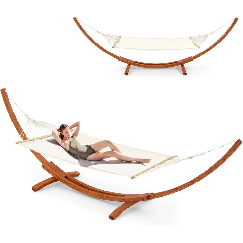 12 FT Hammock with Stand for Outside, Single Person Heavy Duty Wooden Hammock Stand, Large Hammock Bed for Porch, Patio, Balcon