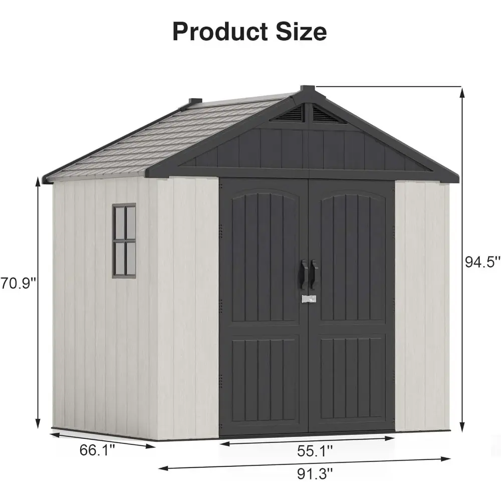 8x6 FT Outdoor Storage Shed, Plastic Shed Resin Garden Shed with Floor & Window & Lockable Door for Patio Furniture, Backyard T