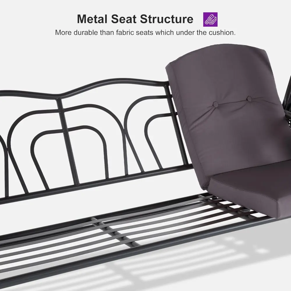 Outdoor Patio Porch Swing with Adjustable PVC Canopy, 3-seat Swing Chair Bench with Side Cup Holder for Backyard Front Porch La
