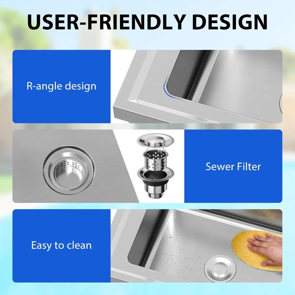 Stainless Steel Sink, 36x21x40 In Freestanding Single Tank Commercial Kitchen Sink Set with Worktop, NSF Certificated, Commerci