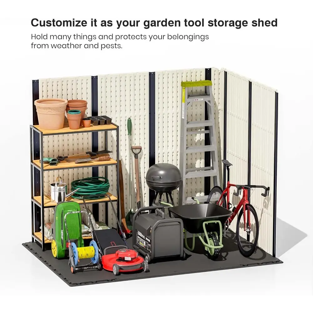 8x6 FT Outdoor Storage Shed, Plastic Shed Resin Garden Shed with Floor & Window & Lockable Door for Patio Furniture, Backyard T