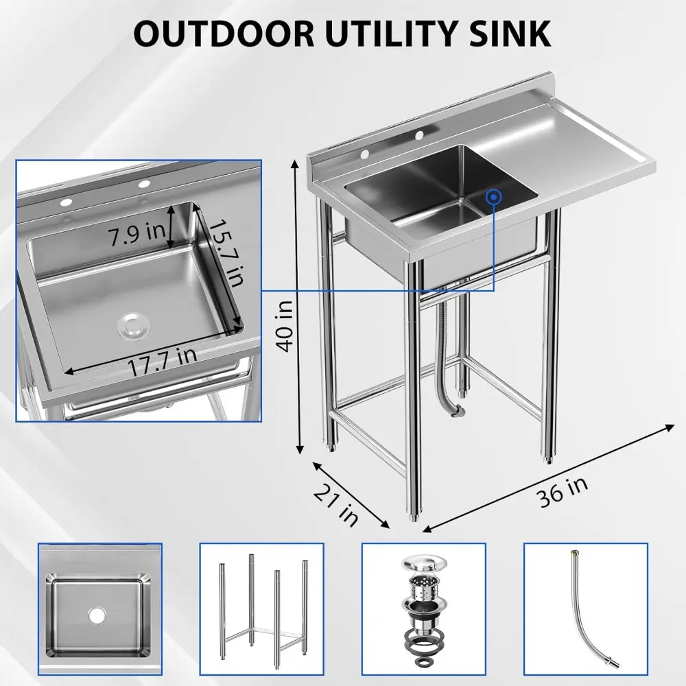 Stainless Steel Sink, 36x21x40 In Freestanding Single Tank Commercial Kitchen Sink Set with Worktop, NSF Certificated, Commerci