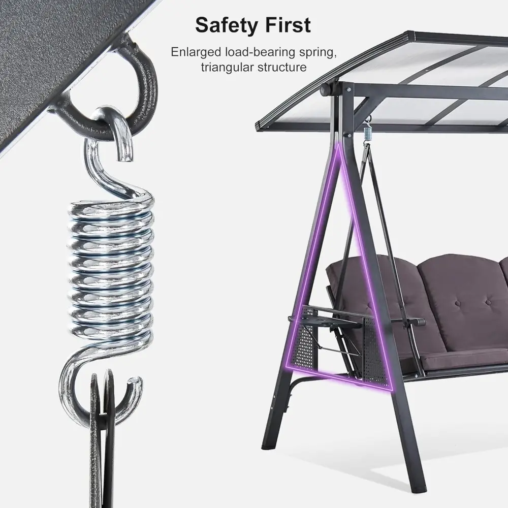 Outdoor Patio Porch Swing with Adjustable PVC Canopy, 3-seat Swing Chair Bench with Side Cup Holder for Backyard Front Porch La