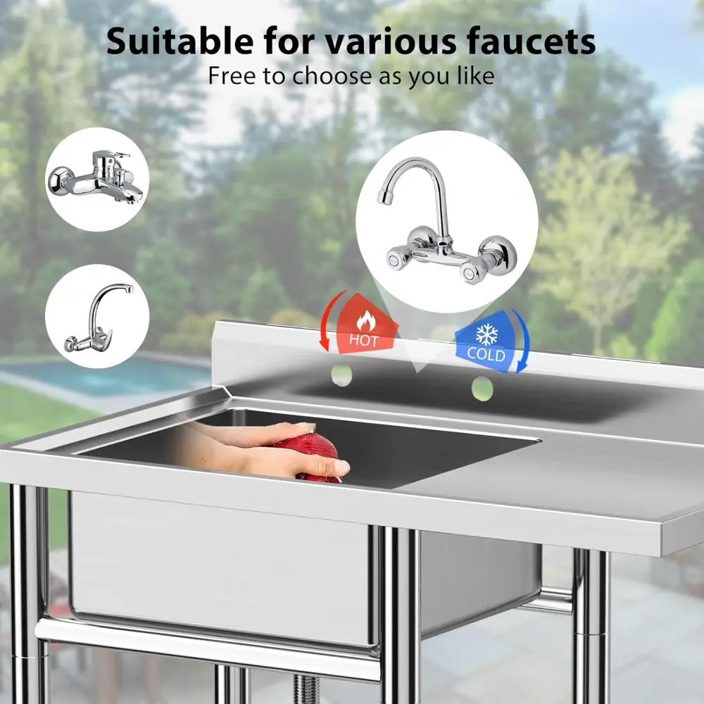 Stainless Steel Sink, 36x21x40 In Freestanding Single Tank Commercial Kitchen Sink Set with Worktop, NSF Certificated, Commerci