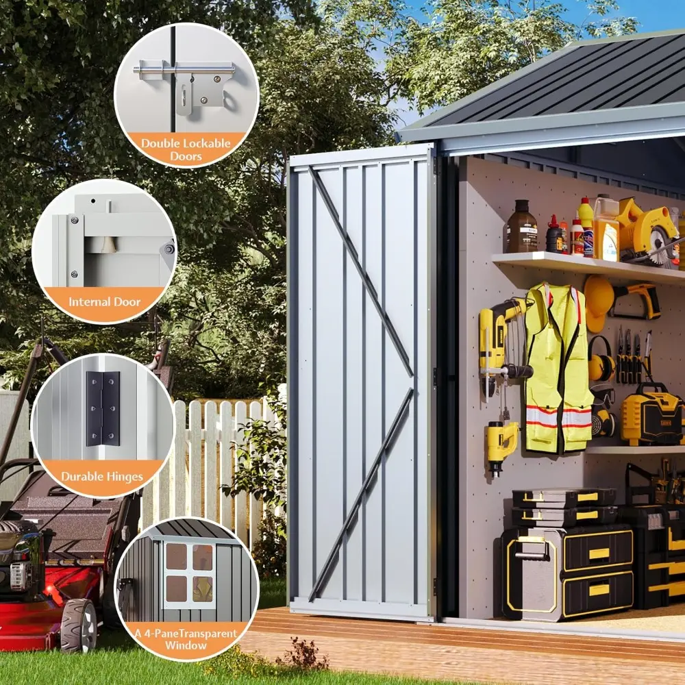 8.5x7.1x7.5 FT Outdoor Storage Shed with 4 Vents, Metal Shed with Lockable Double Hinged Doors for Backyard, Dark Black/White