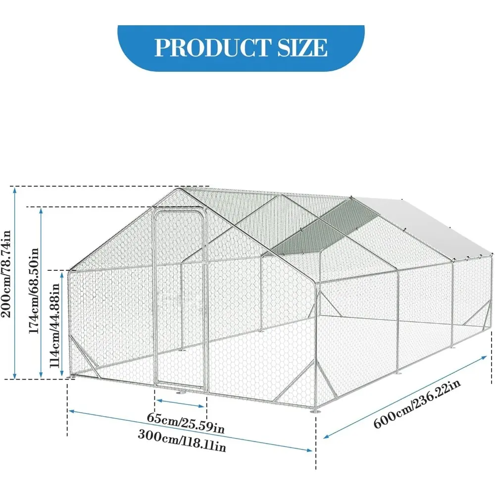 Outdoor Metal Chicken Coop & Run - 9.8x19.7FT Galvanized Steel Walk-in Poultry Cage with Waterproof Anti-UV Cover for Backyard,