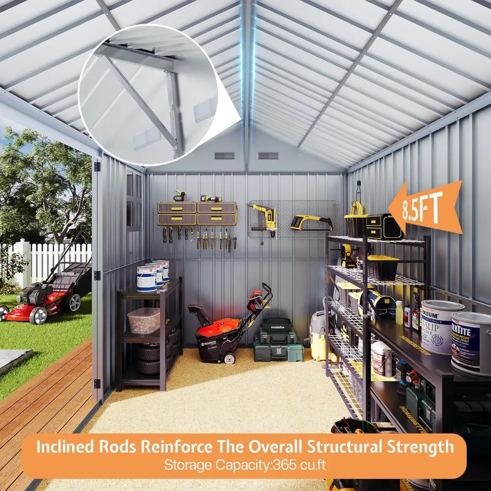 8.5x7.1x7.5 FT Outdoor Storage Shed with 4 Vents, Metal Shed with Lockable Double Hinged Doors for Backyard, Dark Black/White