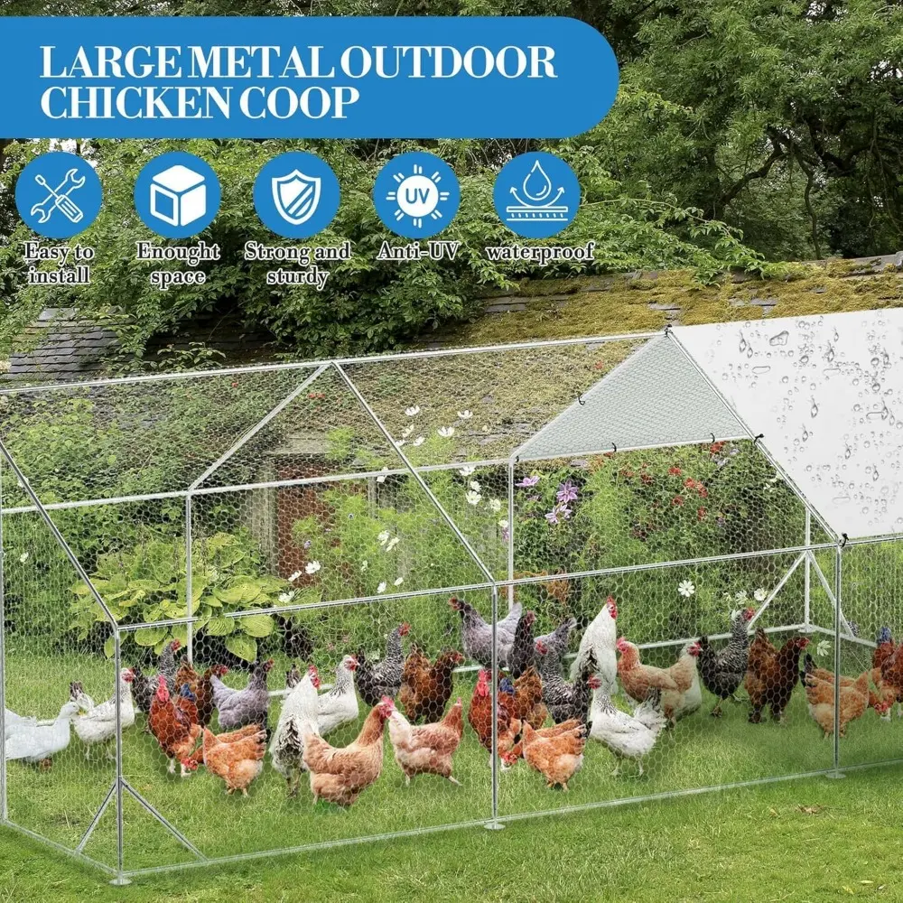 Outdoor Metal Chicken Coop & Run - 9.8x19.7FT Galvanized Steel Walk-in Poultry Cage with Waterproof Anti-UV Cover for Backyard,