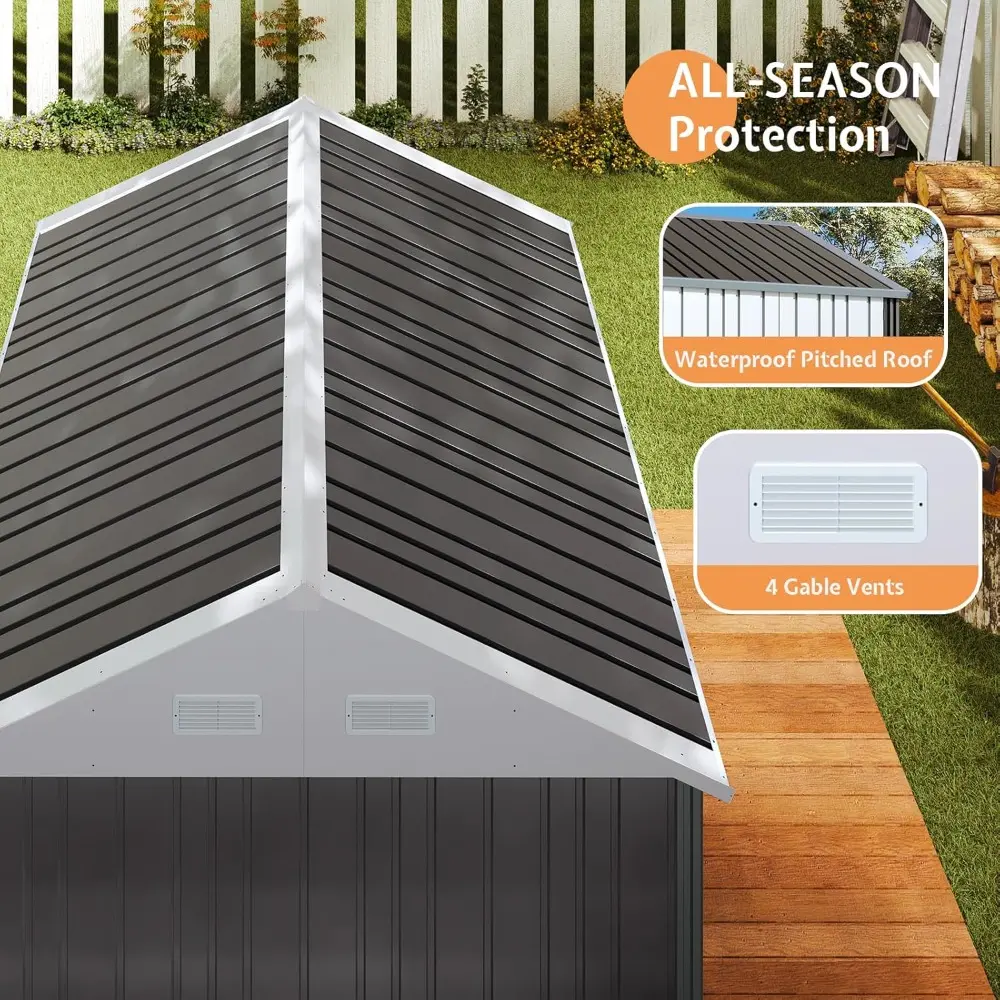 8.5x7.1x7.5 FT Outdoor Storage Shed with 4 Vents, Metal Shed with Lockable Double Hinged Doors for Backyard, Dark Black/White