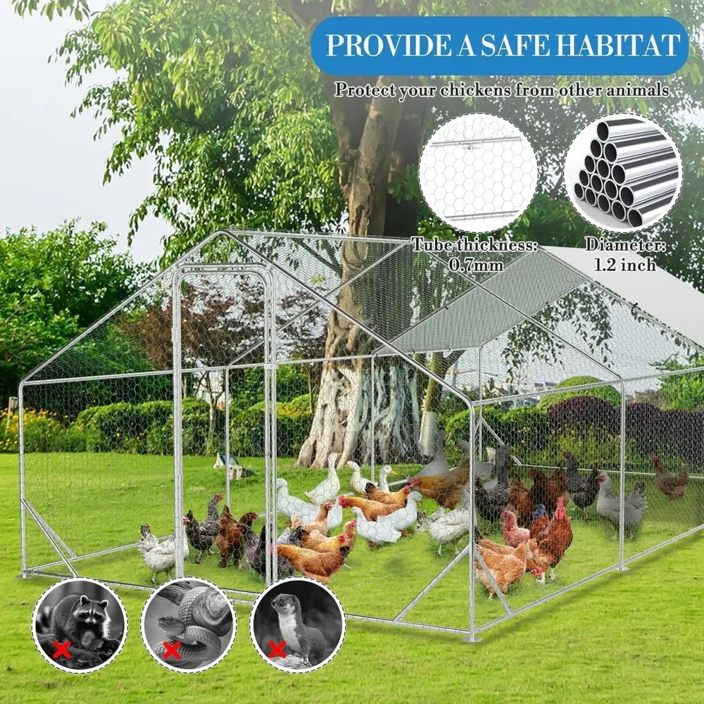 Outdoor Metal Chicken Coop & Run - 9.8x19.7FT Galvanized Steel Walk-in Poultry Cage with Waterproof Anti-UV Cover for Backyard,