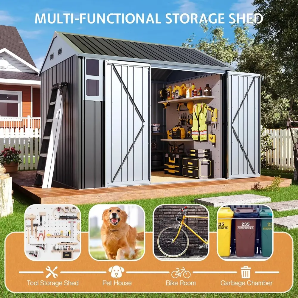 8.5x7.1x7.5 FT Outdoor Storage Shed with 4 Vents, Metal Shed with Lockable Double Hinged Doors for Backyard, Dark Black/White