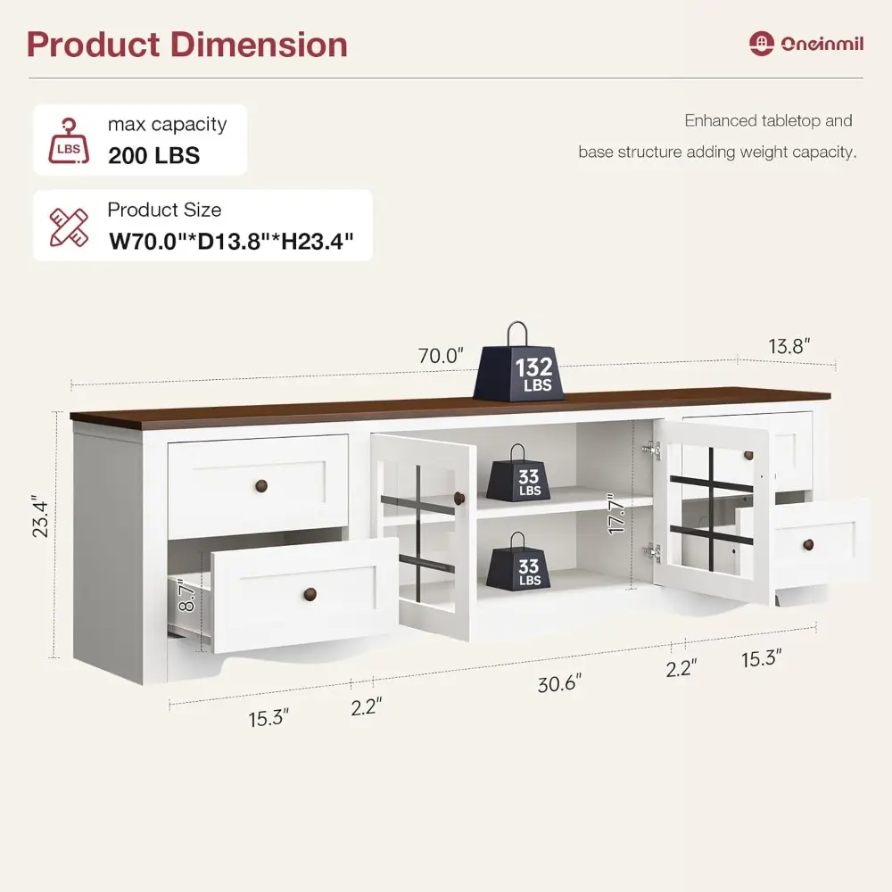 70" Modern TV Stands for for Living Room, Wood Entertainment Center with 4 Large Drawers, TV Console with Glass Door Storage Ca