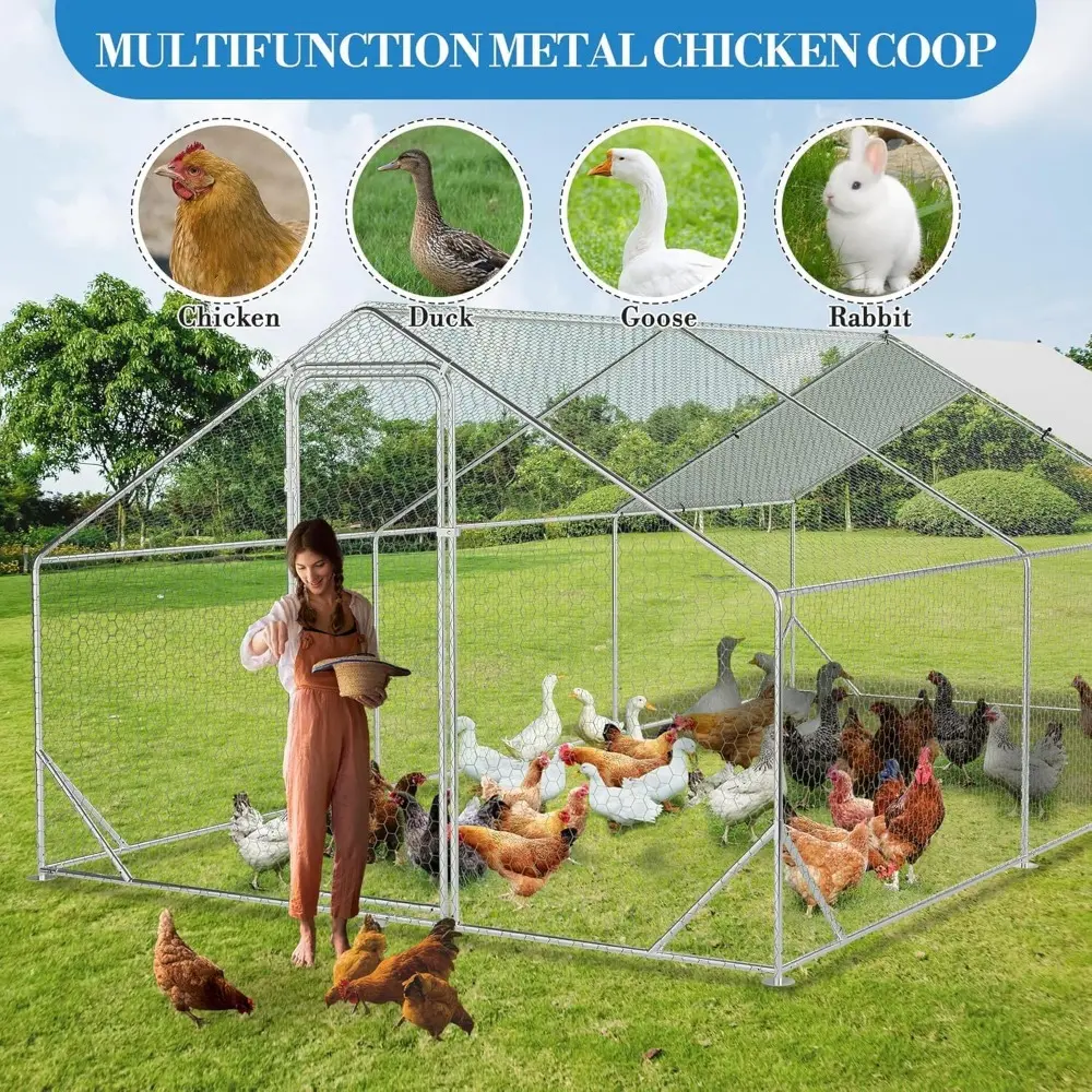 Outdoor Metal Chicken Coop & Run - 9.8x19.7FT Galvanized Steel Walk-in Poultry Cage with Waterproof Anti-UV Cover for Backyard,