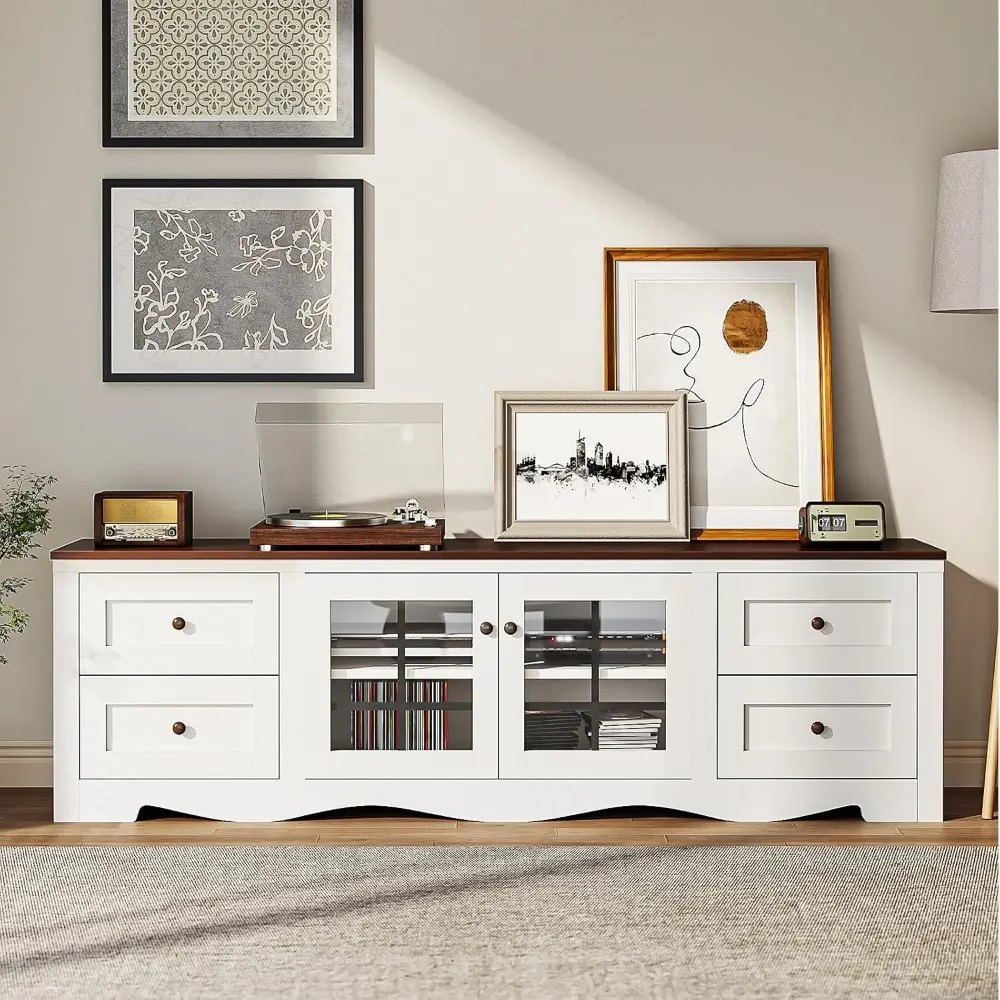70" Modern TV Stands for for Living Room, Wood Entertainment Center with 4 Large Drawers, TV Console with Glass Door Storage Ca