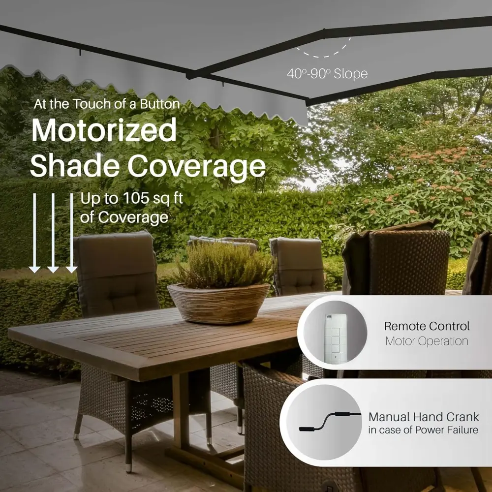 Aleko 12x10 feet Caribbean Style Electric Black Frame Awning, Remote Control Motorized & Manual Crank, Outdoor Shade Canopy with