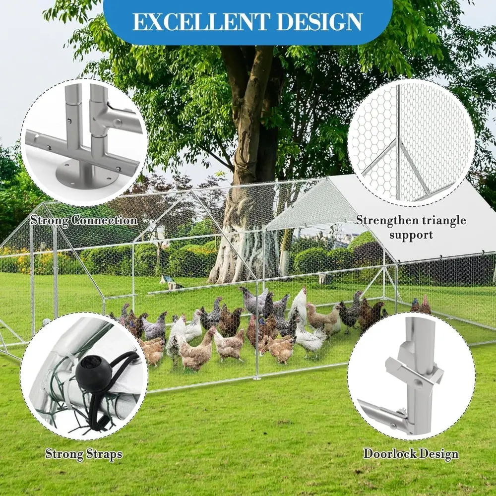 Outdoor Metal Chicken Coop & Run - 9.8x19.7FT Galvanized Steel Walk-in Poultry Cage with Waterproof Anti-UV Cover for Backyard,