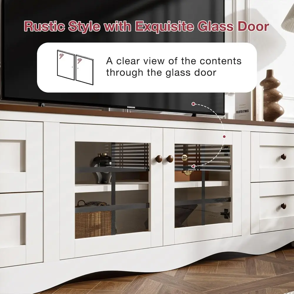 70" Modern TV Stands for for Living Room, Wood Entertainment Center with 4 Large Drawers, TV Console with Glass Door Storage Ca