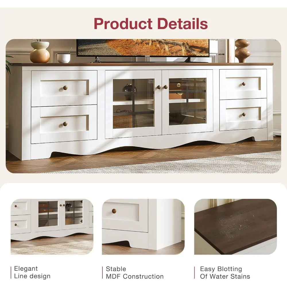 70" Modern TV Stands for for Living Room, Wood Entertainment Center with 4 Large Drawers, TV Console with Glass Door Storage Ca
