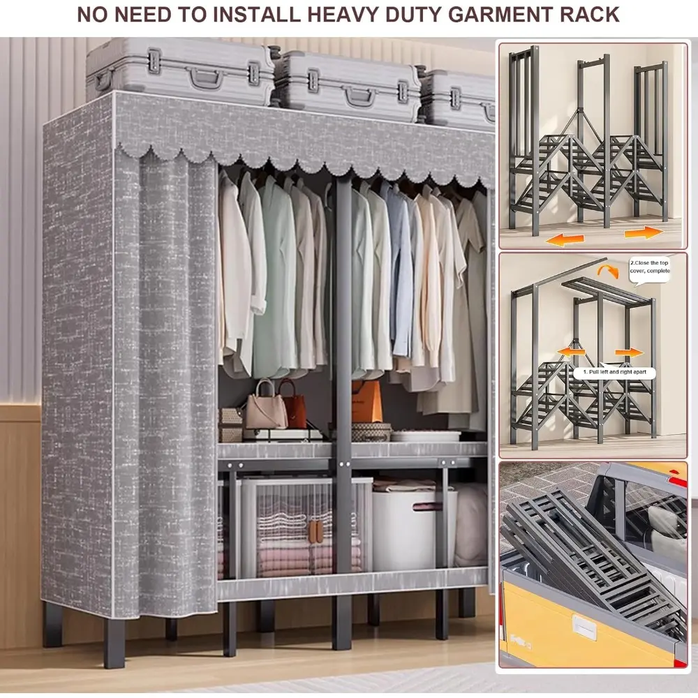 Foldable Portable Wardrobe Closet Large Heavy Duty Portable Covered Rack with Cover 1200lbs Freestanding Clothing Racks for Hang