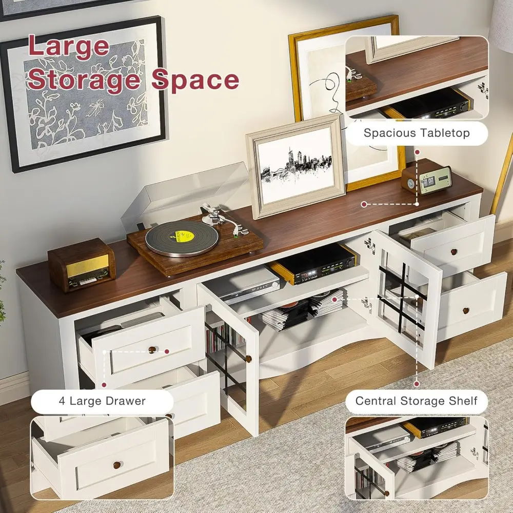 70" Modern TV Stands for for Living Room, Wood Entertainment Center with 4 Large Drawers, TV Console with Glass Door Storage Ca