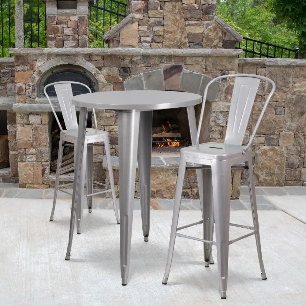 Flash Furniture Commercial Grade 30" Round Silver Metal Indoor-Outdoor Bar Table Set with 2 Cafe Stools