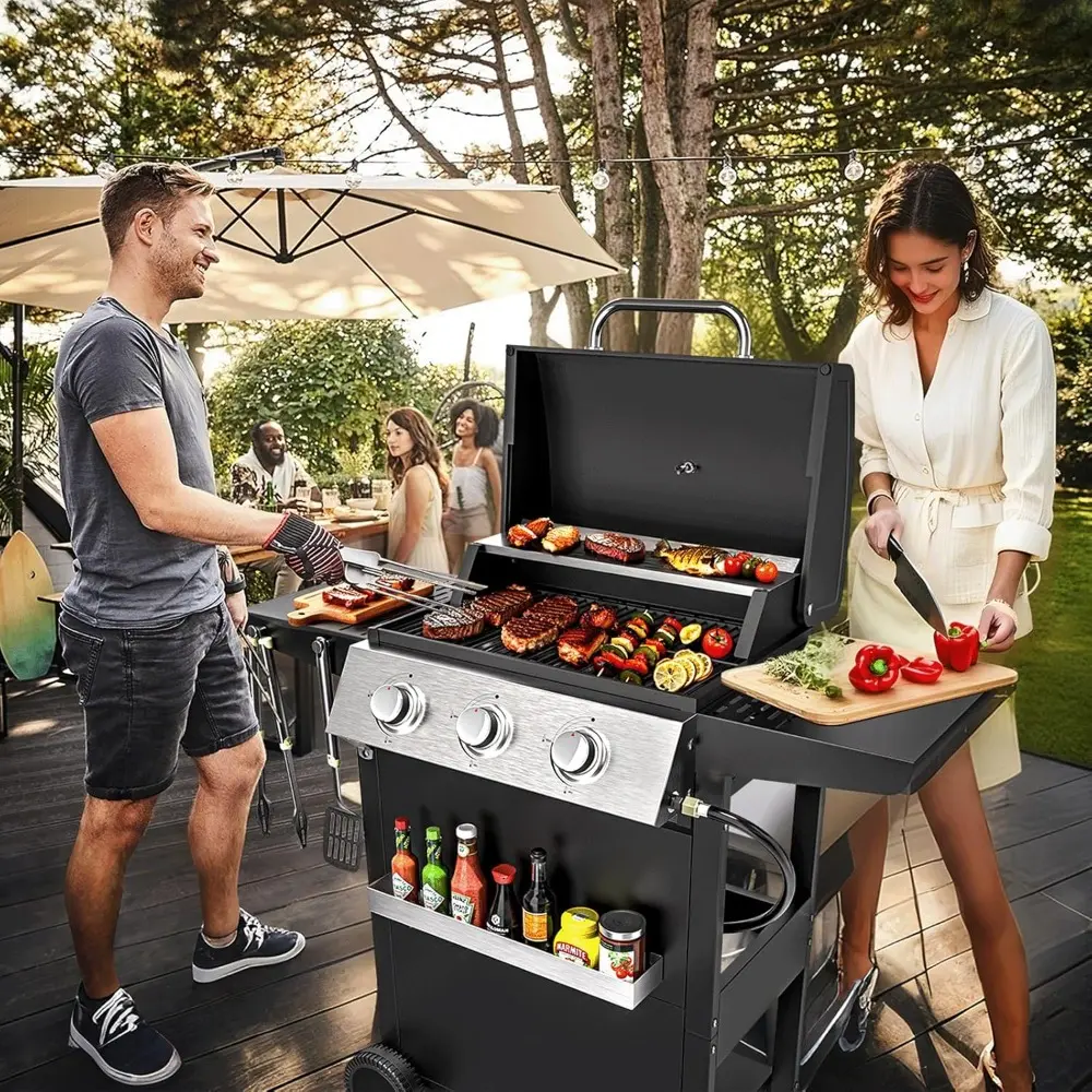3 Burner BBQ Propane Gas Grill with Spice Rack, Stainless Steel Patio Garden Barbecue Grill with Two Side Shelves,36,000 BTU Out