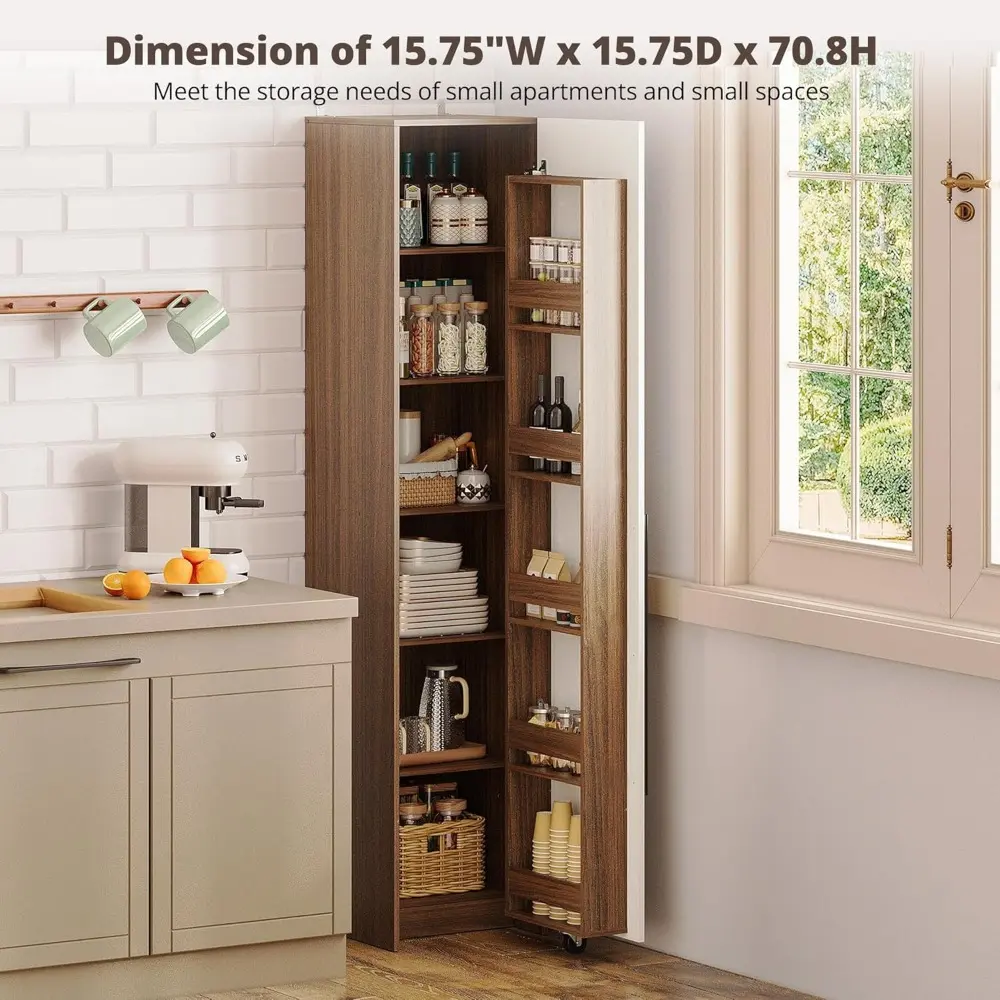 70" Pantry Storage Cabinet, Single Cabinet Pantry, Freestanding Tall Narrow Cupboard with 11 Adjustable Shelves for Dining Room
