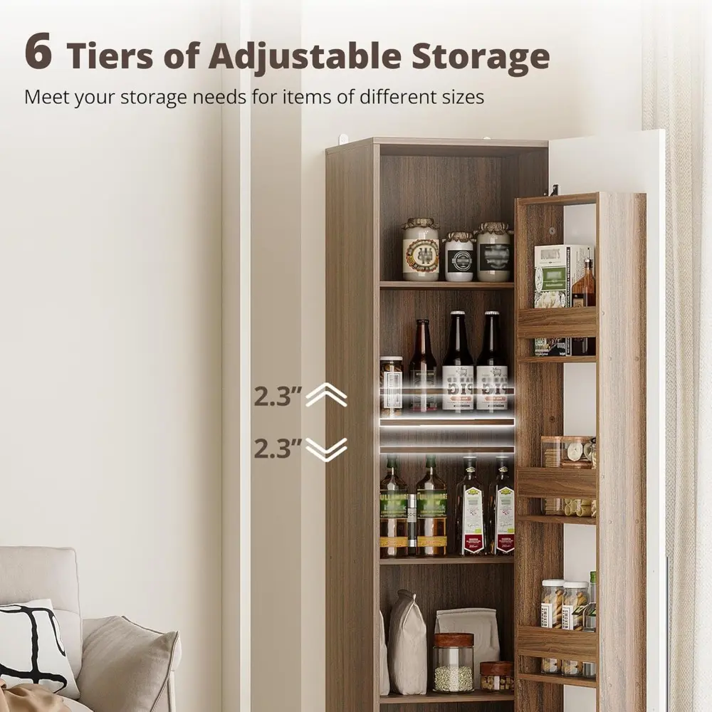 70" Pantry Storage Cabinet, Single Cabinet Pantry, Freestanding Tall Narrow Cupboard with 11 Adjustable Shelves for Dining Room