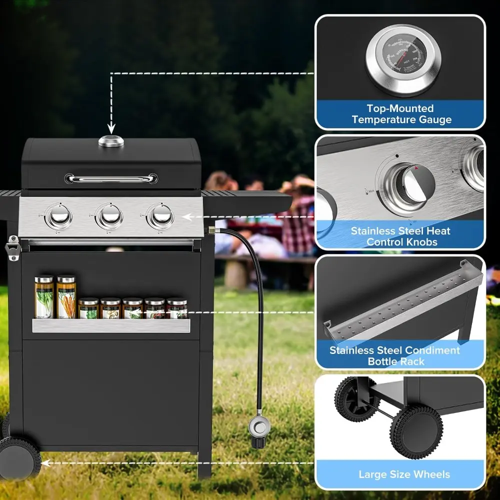 3 Burner BBQ Propane Gas Grill with Spice Rack, Stainless Steel Patio Garden Barbecue Grill with Two Side Shelves,36,000 BTU Out