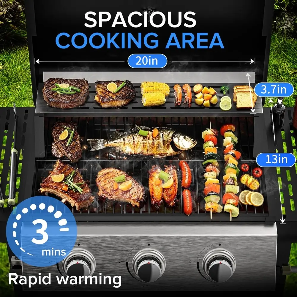 3 Burner BBQ Propane Gas Grill with Spice Rack, Stainless Steel Patio Garden Barbecue Grill with Two Side Shelves,36,000 BTU Out