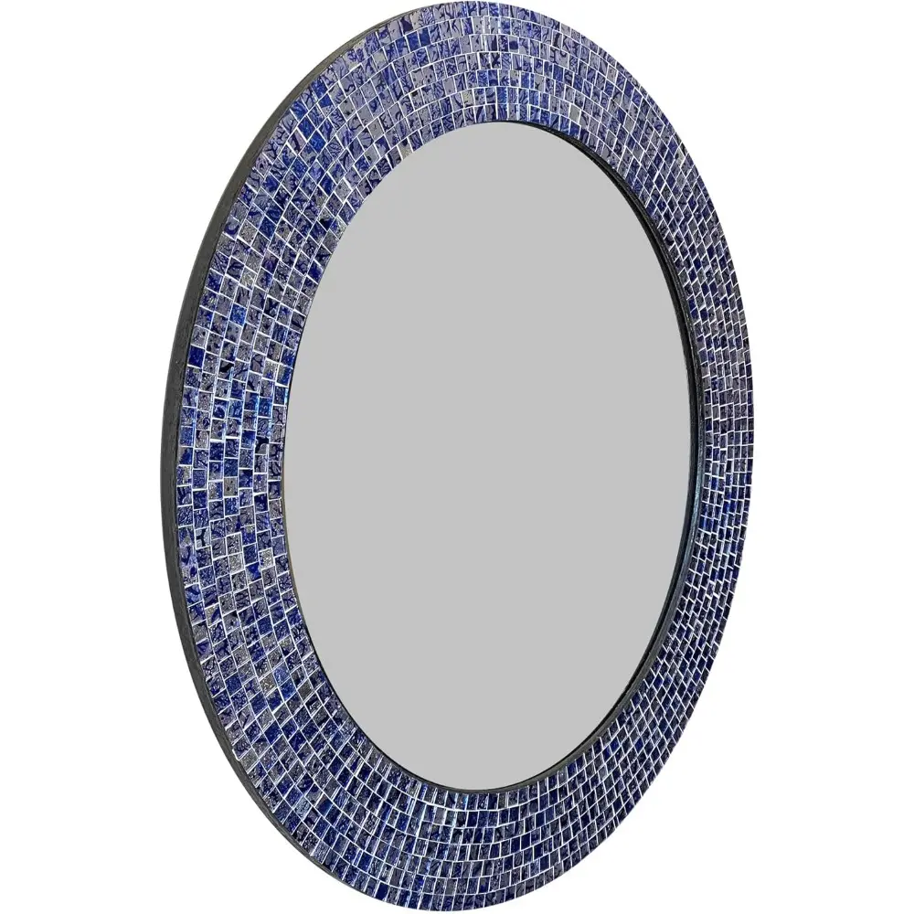24" Sapphire and Silver, Handmade Wall Mirror, Decorative Glass Mosaic, Mosaic Wall Mirror, Mosaic Round Mirror (Dark Blue)