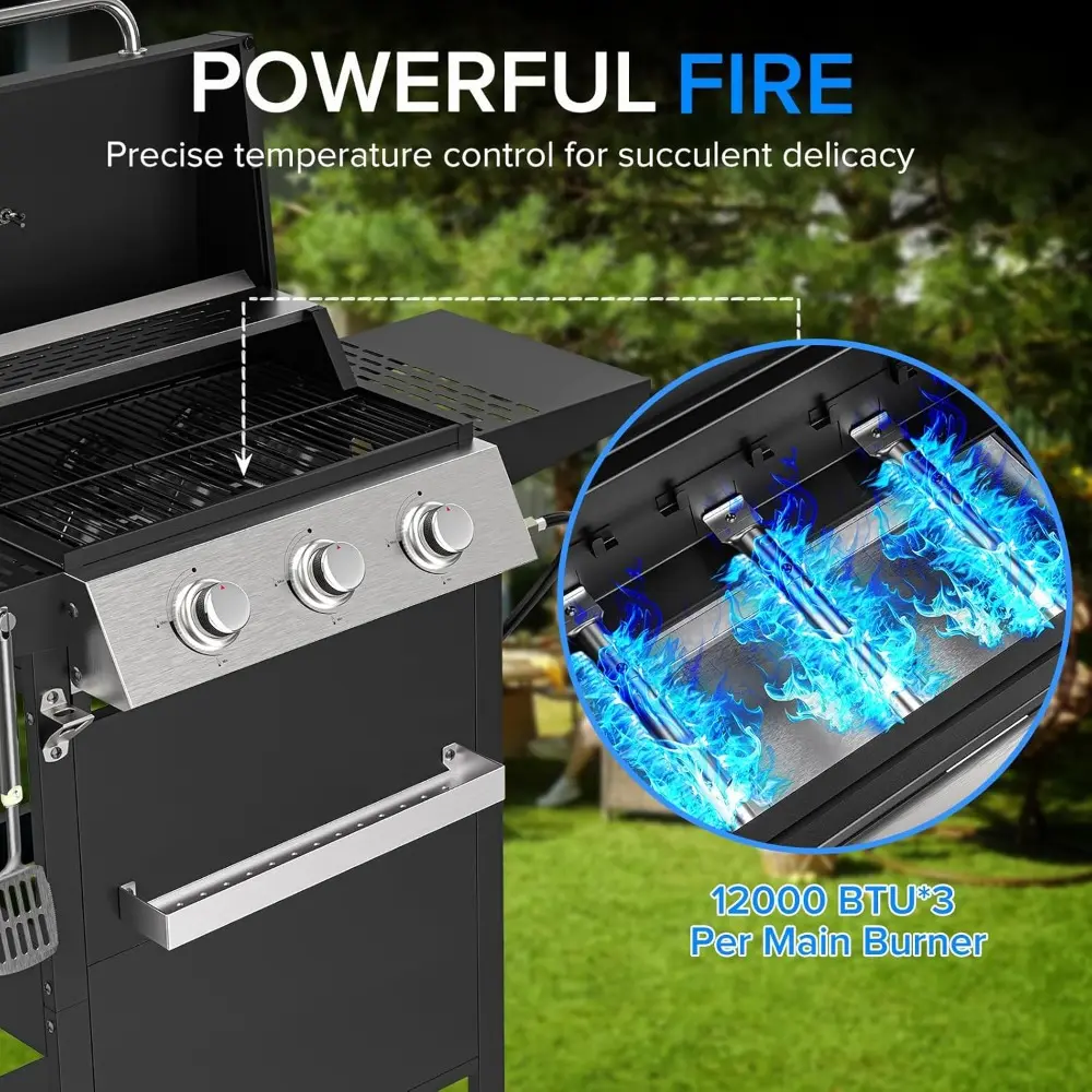 3 Burner BBQ Propane Gas Grill with Spice Rack, Stainless Steel Patio Garden Barbecue Grill with Two Side Shelves,36,000 BTU Out