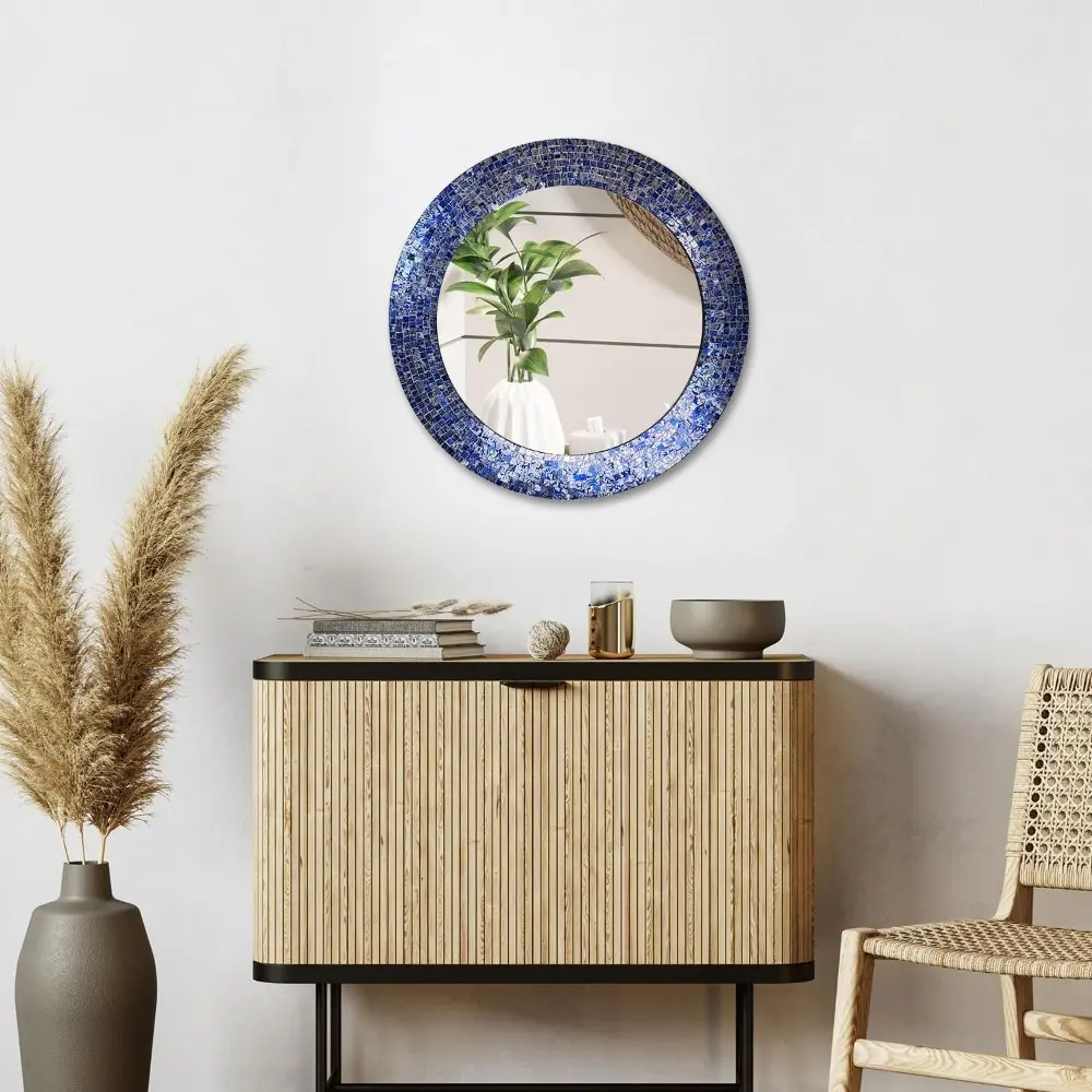 24" Sapphire and Silver, Handmade Wall Mirror, Decorative Glass Mosaic, Mosaic Wall Mirror, Mosaic Round Mirror (Dark Blue)
