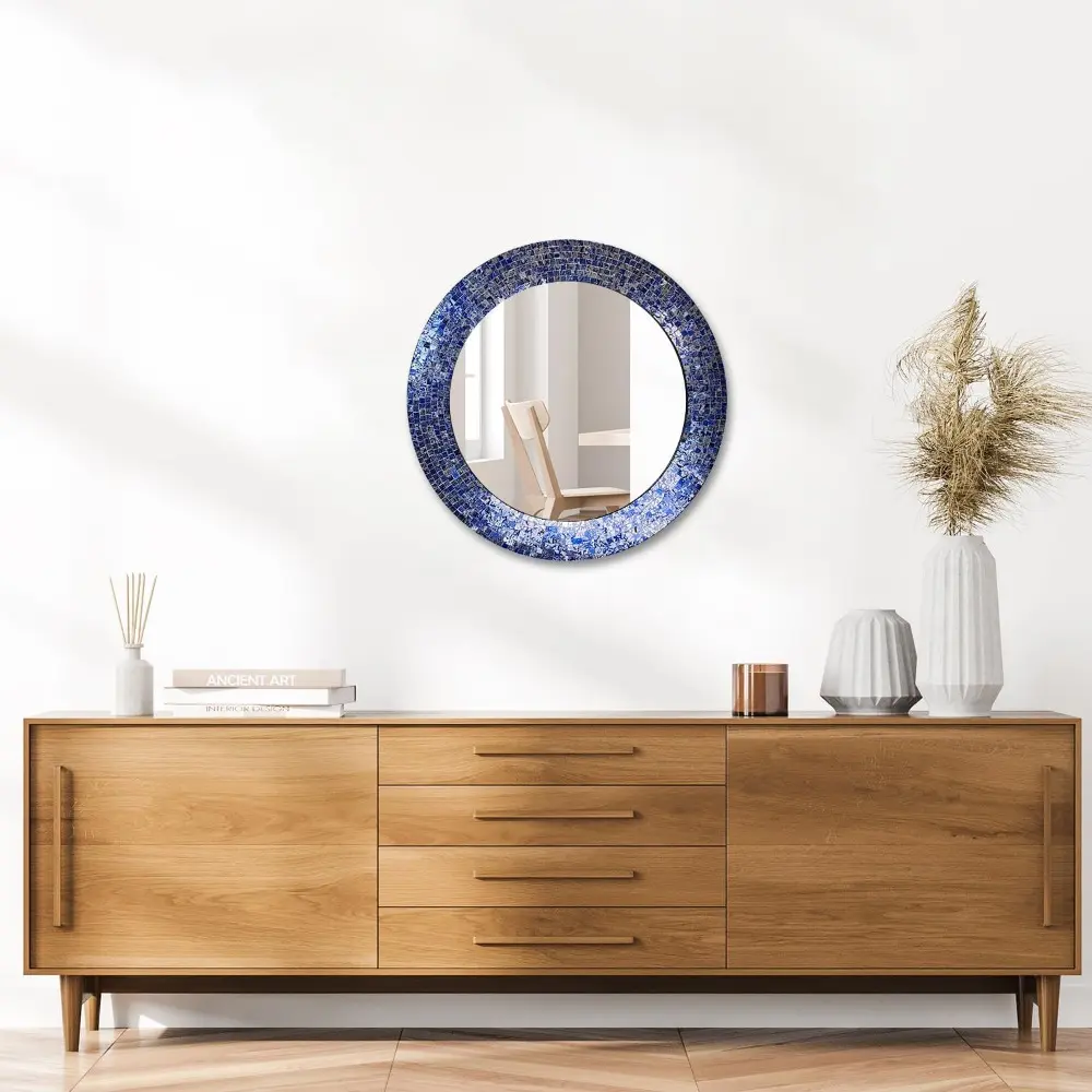 24" Sapphire and Silver, Handmade Wall Mirror, Decorative Glass Mosaic, Mosaic Wall Mirror, Mosaic Round Mirror (Dark Blue)