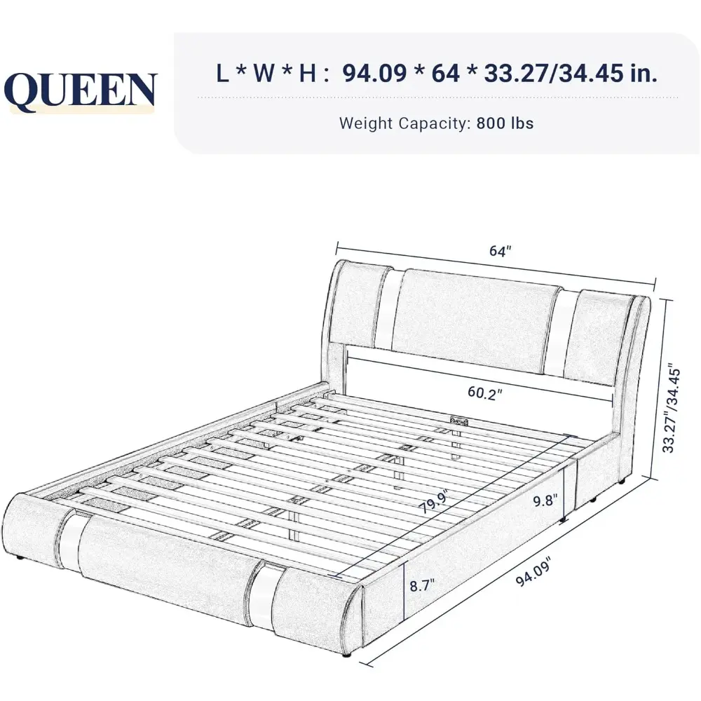 Allewie Queen Bed Frame with Iron Piece Decor, Faux Leather Upholstered Platform Bed with Adjustable Headboard & Strong Wooden S